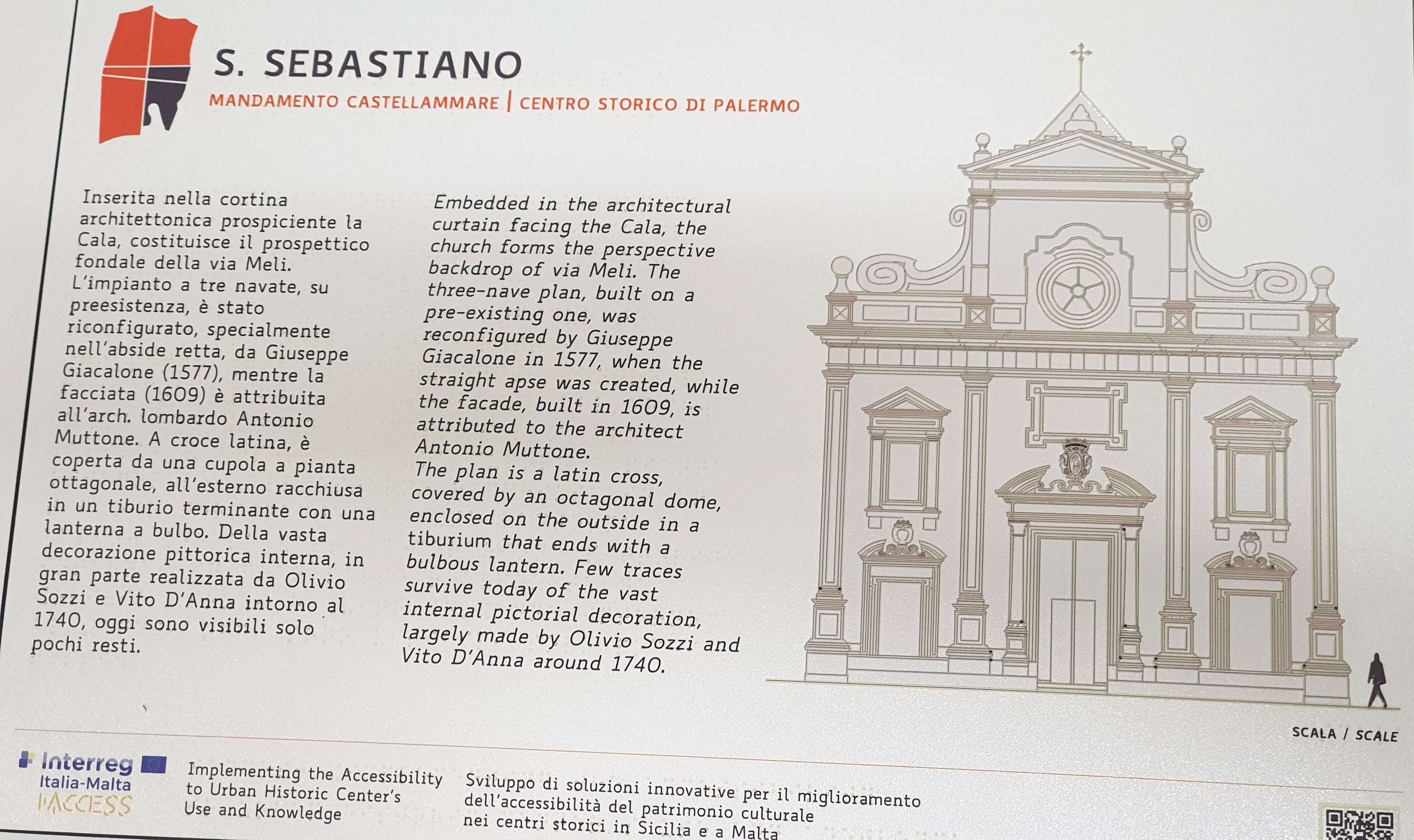 Pannello informativo bilingue sulla Chiesa di S. Sebastiano a Palermo, con disegno tecnico della facciata e note storiche.