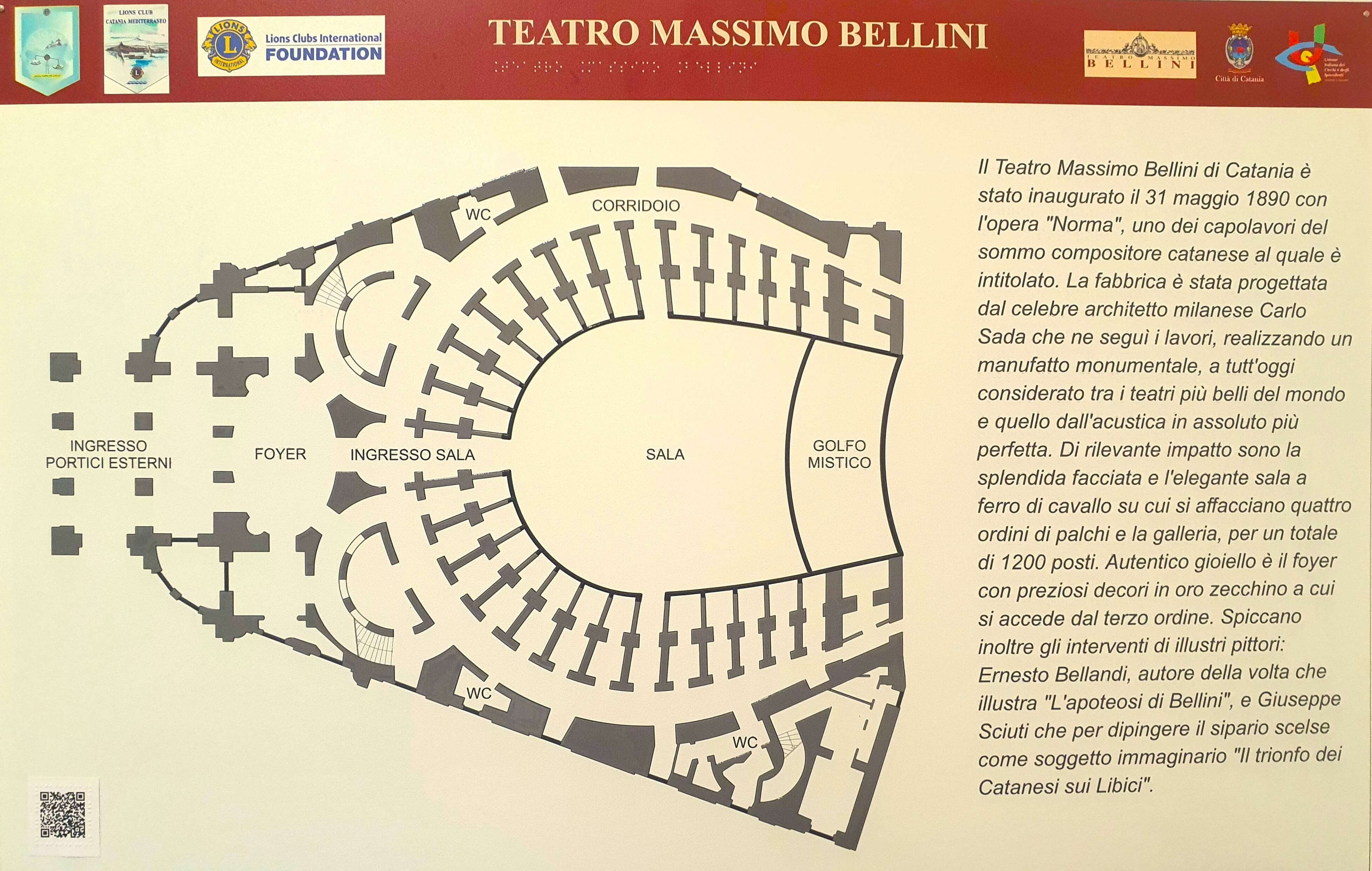 Mappa tattile e informativa del Teatro Massimo Bellini di Catania, con la pianta della sala a ferro di cavallo.