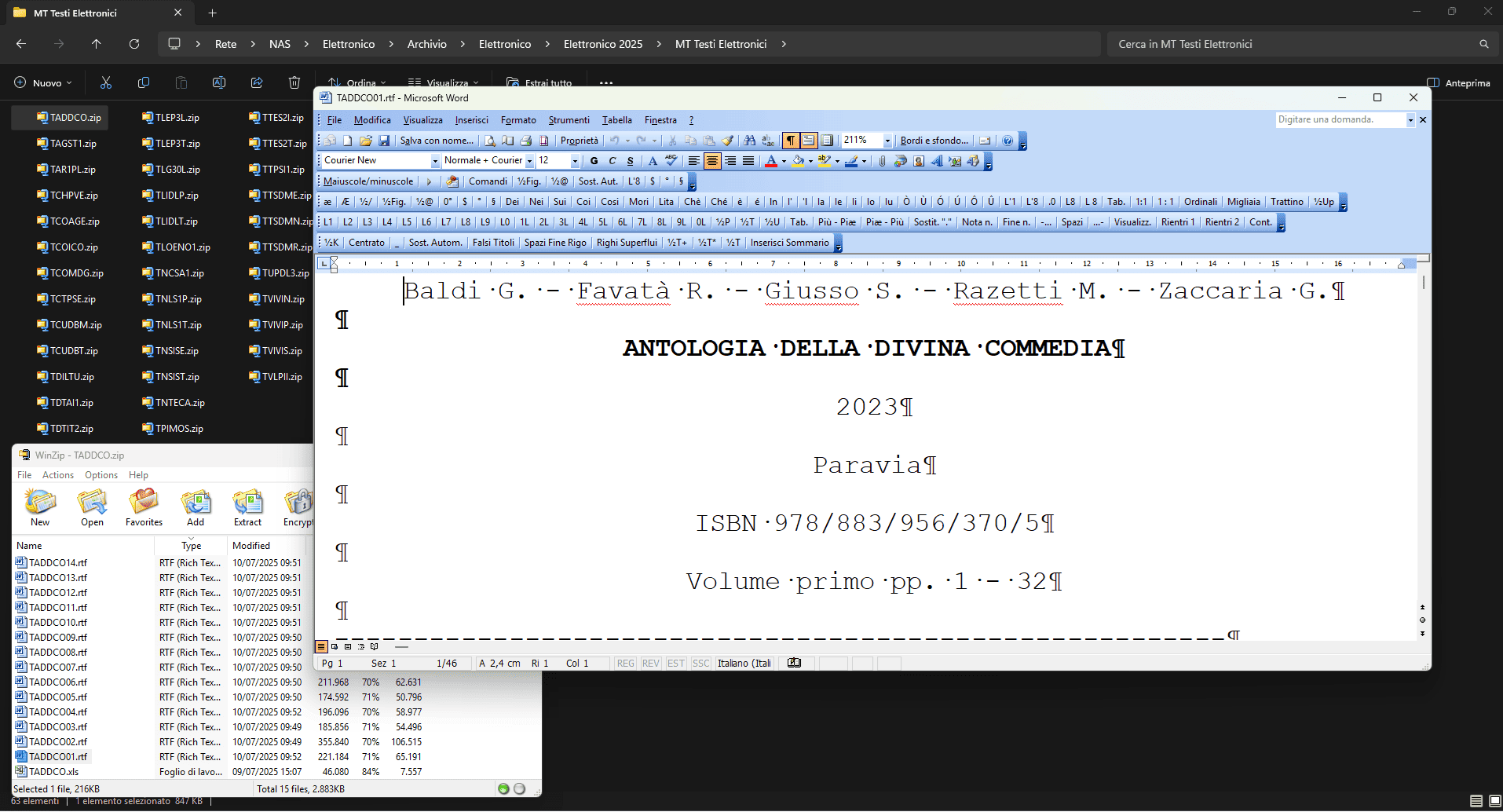 Screenshot di Microsoft Word con il frontespizio del libro Antologia della Divina Commedia, edizione Paravia 2023.