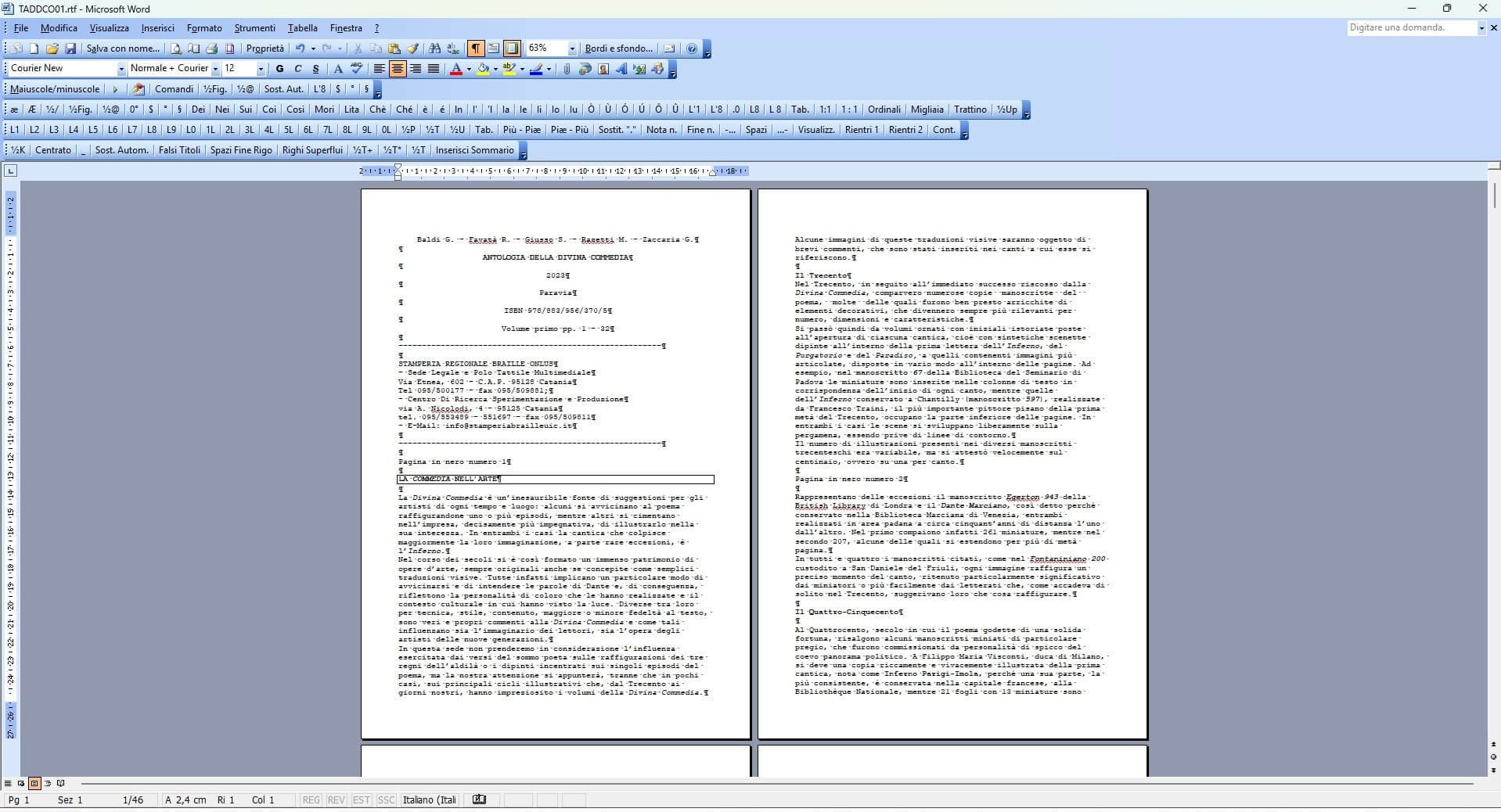 Anteprima di due pagine di un documento RTF con testo critico sulla Divina Commedia e miniature medievali.