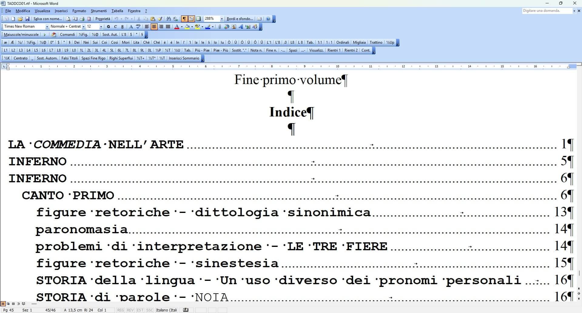 Dettaglio dell'indice del primo volume: sezioni su Inferno, Canto Primo, figure retoriche e storia della lingua.