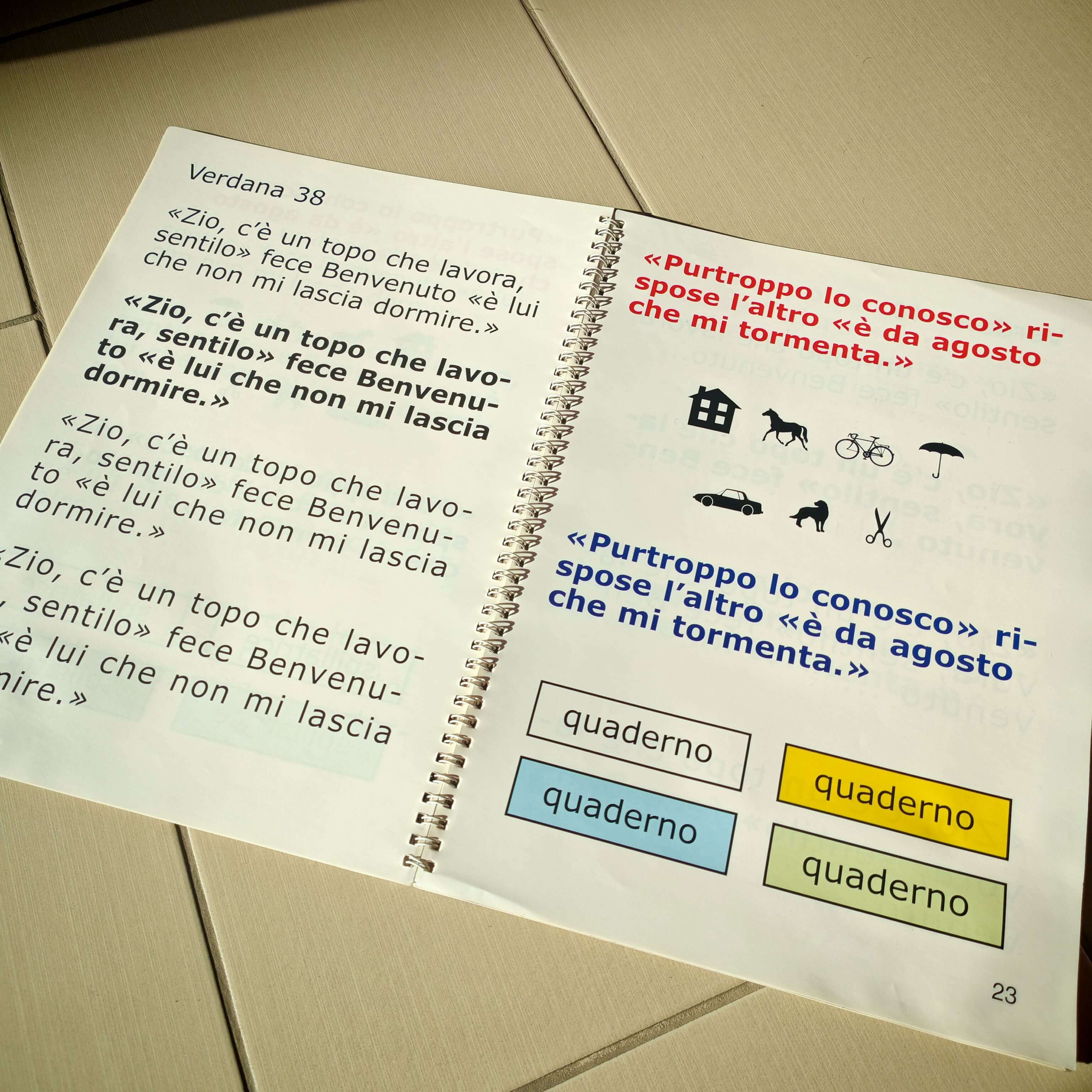 Pagina di un libro con esercizi di lettura a caratteri grandi e icone tattili per facilitare l'apprendimento.